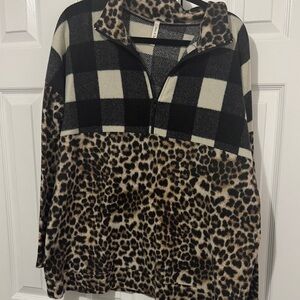 Leopard & Buffalo Plaid Fleece Half-Zip Jacket - Black, Cream, Brown